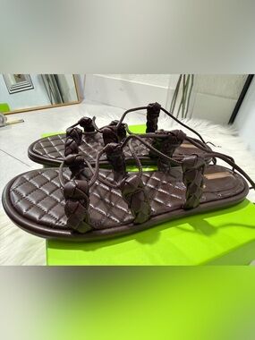 NWB Sam Edelman Braided Strap Quilted Flat Sandals in Dark Brown 9.5